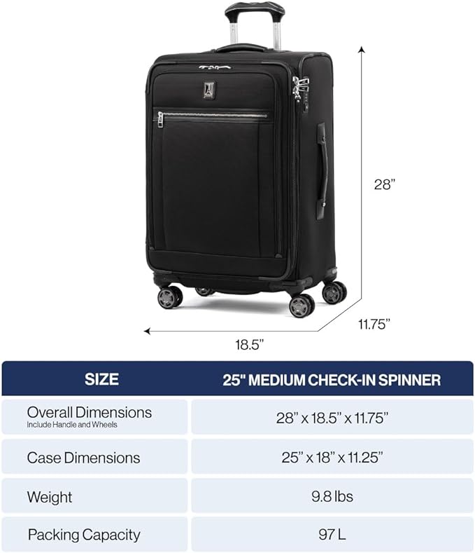 Travelpro Platinum Elite Softside Expandable Checked Luggage, 8 Wheel Spinner Suitcase, TSA Lock, Men and Women, True Navy Blue, Checked Medium 25-Inch