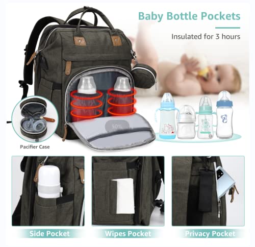 DERJUNSTAR Diaper Bag Backpack, Large Baby Bag with Changing Pad, Thick Padded Back & Straps, Laptop Compartment, Waterproof Travel Backpack with USB Port, Multi-Function for Mom & Dad, Army Green