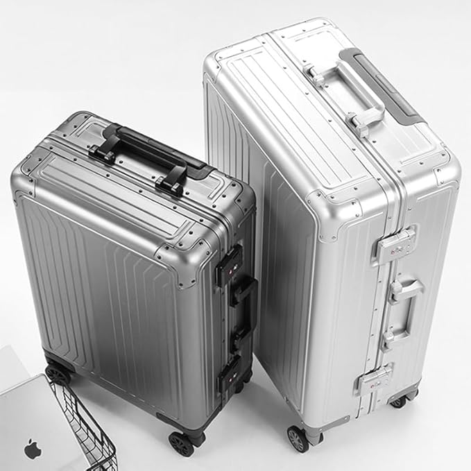 Metal all aluminum carry-on suitcase 20 "hard face, TSA lock and rotating wheel zippered luggage set (silvery, 2Piece(20/28))