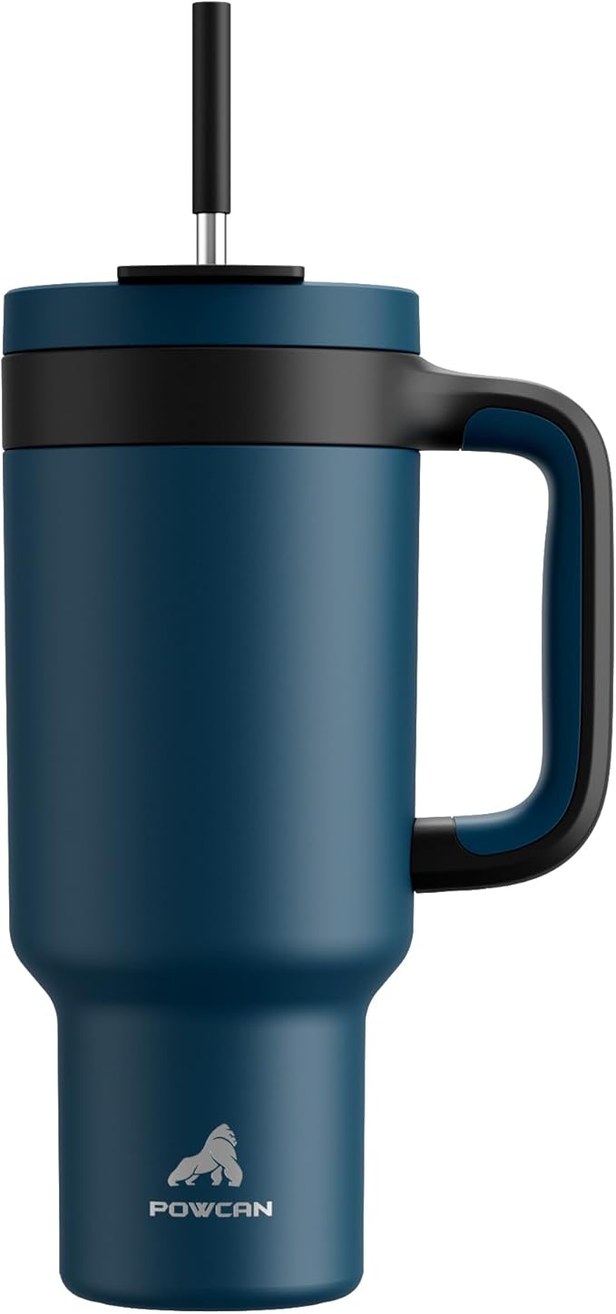 POWCAN 40 oz Tumbler with Handle, 2-in-1 Straw and Sip Lid, Leakproof, Dishwasher Safe, Insulated Stainless Steel Travel Coffee Mug, Keeps Cold for 34 Hours, Fits in Car Cup Holder (Deepsea)