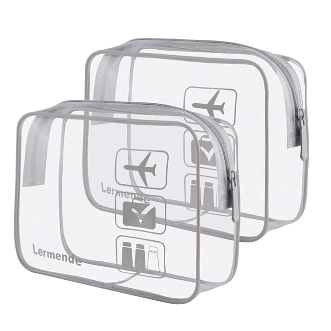 Lermende 2pcs Clear Toiletry Bag TSA Approved Travel Bag,Carry On for Travel,Airport Airline Accessories Compliant Bag,Quart Sized Makeup Cosmetic bag Women Men (Gray, 2 Pack)