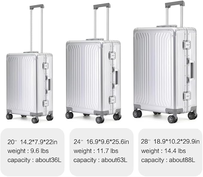 Metal all aluminum carry-on suitcase 20 "hard face, TSA lock and rotating wheel zippered luggage set (black, 24 '')