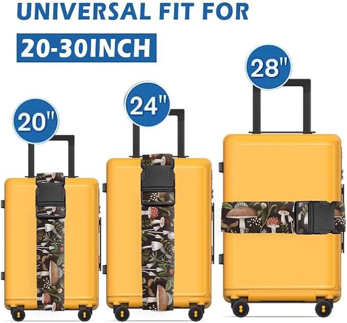 Luggage Straps for Suitcases Travel Belt Accessories, Cute Suitcase Strap, Adjustable Luggage Belt Strap, Heavy Duty with Quick-Release Buckle Luggage Strap Boho Mushrooms