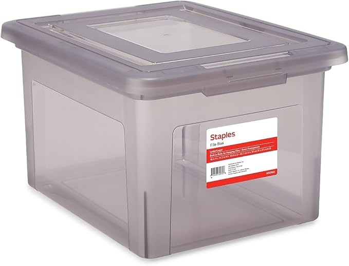 STAPLES Hanging File Folder Box, Storage Bin Organizer, Snap Lid, Letter & Legal Size Documents, Frost Gray