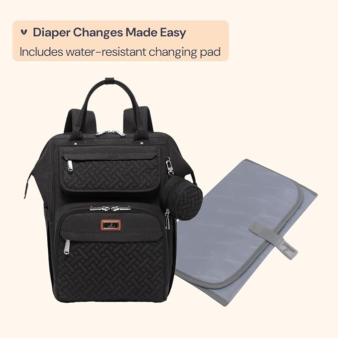 BabbleRoo Diaper Bag Backpack, Multifunction Nappy Changing Bag with Changing Pad, Stroller Straps & Pacifier Case, Unisex Stylish Travel Back Pack for Moms & Dads - Black