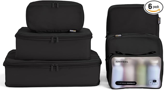 6 Set Compression Packing Cubes for Travel, Large Medium Small Luggage Organizers, Storage Bags for Clothes (6 Pack, Jet Black)