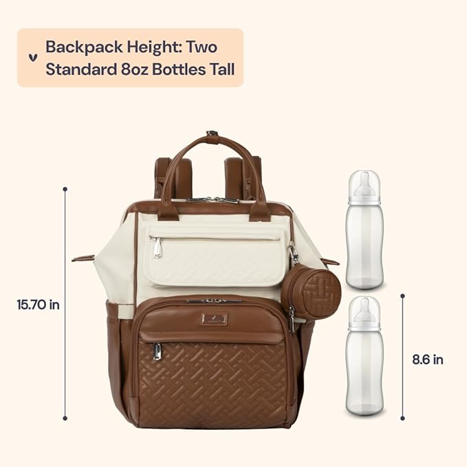 BabbleRoo Leather Diaper Bag Backpack, Multifunction Large Bags with Changing Pad & Stroller Straps & Pacifier Case, Unisex Stylish Travel Back Pack Nappy Changing Bag for Moms Dads (Coffee Cream)