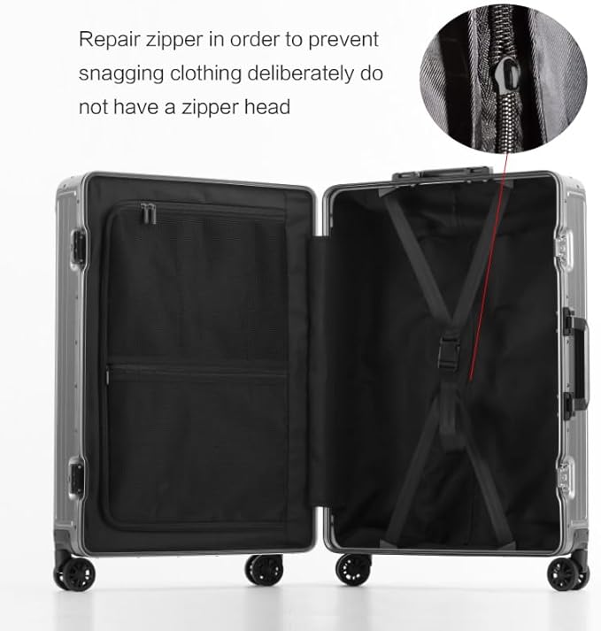 Metal all aluminum carry-on suitcase 20 "hard face, TSA lock and rotating wheel zippered luggage set (silvery, 2Piece(20/28))