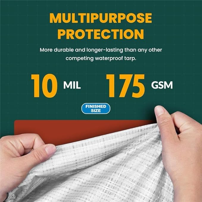 Large Waterproof Tarp - Heavy Duty 10 Mil Thick Poly Tarpaulin Ideal for Canopy Tents, Boats, RV or Pool Covers - Multipurpose Protective Tarps with Grommets for Indoor and Outdoor Use | 24' x 50'