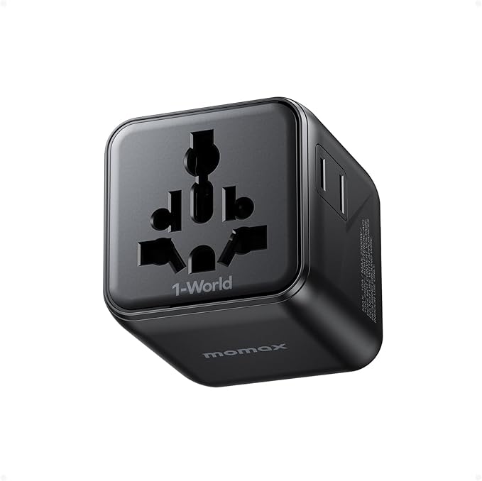 MOMAX Mini Universal Travel Adapter Worldwide, 2 AC, All European Travel Plug Adapter UK, Travel Essentials for US to Europe Adaptor, All-in-One Wall Charger for AUS JP, Over 200 Countries