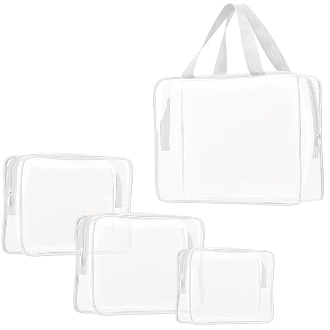 4Pcs Crystal Clear PVC Travel Toiletry Bag Kit for Women Men, Waterproof Vinyl Packing Organizer Storage Bags with Zipper Handle Straps, Cosmetic Pouch Carry on Airport Airline Compliant Bag Handbag