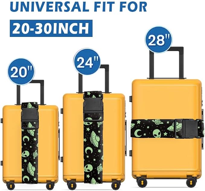 Luggage Straps for Suitcases Travel Belt Accessories, Cute Suitcase Strap, Adjustable Luggage Belt Strap, Heavy Duty with Quick-Release Buckle Luggage Strap Cute Green Aliens