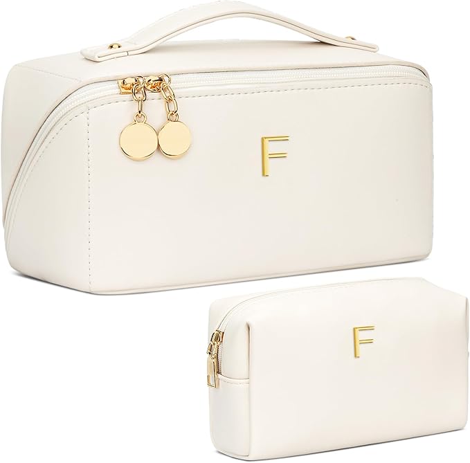 Birthday Gifts for Women Teen Girl, Personalized Initial Makeup Organizer Bag Set, Open Flat Travel Cosmetic Bag With Clear Divider and Handle(Beige,F)