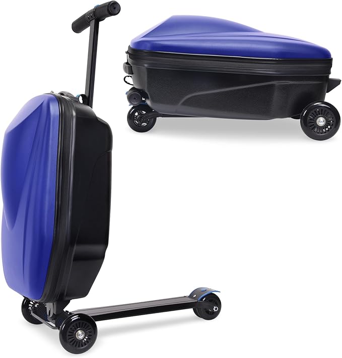20" Kids Scooter Suitcase Ride-On Carry-On - 2-in-1 Lightweight Hardshell Luggage for Airplane Travel, Foldable Rolling Suitcase for Boys & Girls Ages 4-12