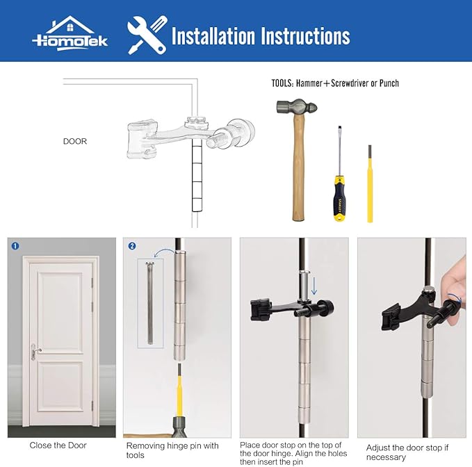 HOMOTEK 4 Pack Hinge Pin Satin Nickel Door Stopper,Adjustable Deluxe Heavy Duty Door Stopper 2-1/2"x1-3/4",with White Rubber Bumper Tips
