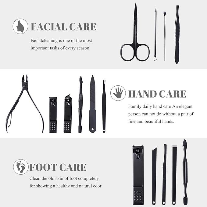 Manicure Pedicure Kit Nail Clippers Set Fingernails & Toenails Vibrissac Scissor 5 Pieces Best Care Tools for Man & Women with Travel Case (Gray/Black_A) (Dark 15 Pieces)