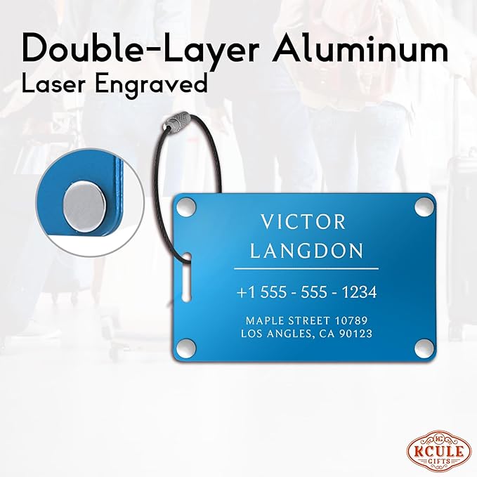 Personalized Luggage Tags for Suitcases - Aluminum Custom Luggage Tags for Backpacks & Bags, Sturdy, Waterproof & Heavy Duty (Blue/Card-Sized)