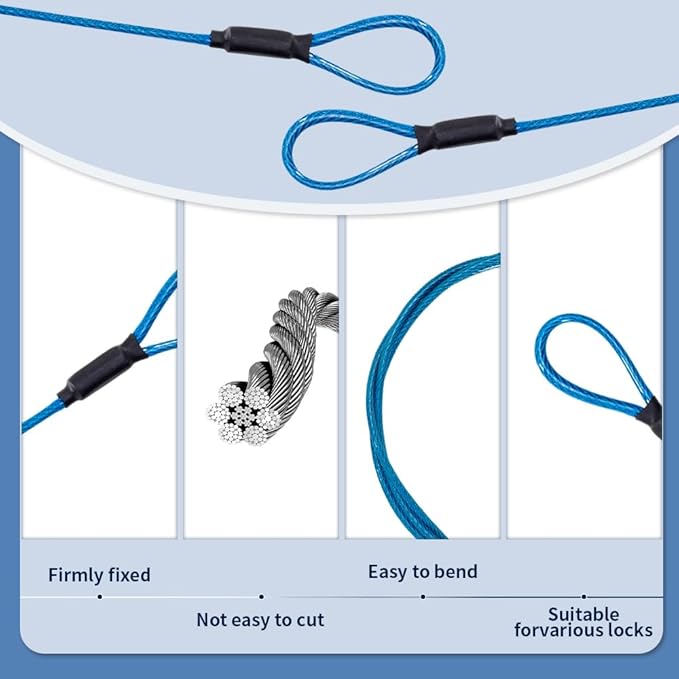 3.3mm (1/8 Inch) Outdoor Travel Stainless Steel Security Cable-10ft Luggage Lock Safety Wire Flexible Steel Wire Rope with Double Loop Safety for Luggage, Bike, Lock(Blue, 10ft-(1Pack)