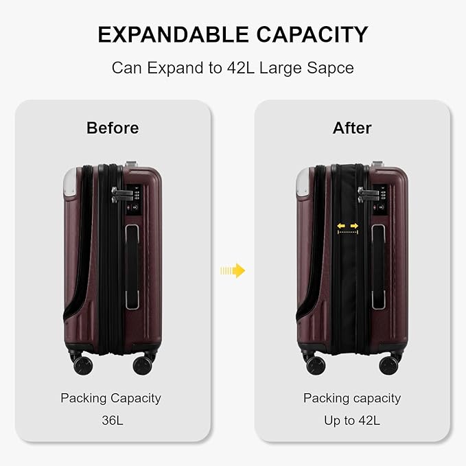 LEVEL8 Grace Carry on Luggage Airline Approved, 20 Inch Expandable Hardside Suitcases with wheels, Abs+Pc Harshell Spinner Luggages with Tsa Lock, Red