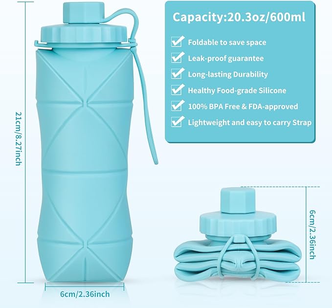 Silicone Collapsible Water Bottles,Lightweight Reusable Leakproof For Traveling Camping Hiking Cycling Sports Outdoor,Foldable Portable Travel Water Bottle 600ML Dark Grey And Purple 2Pack.