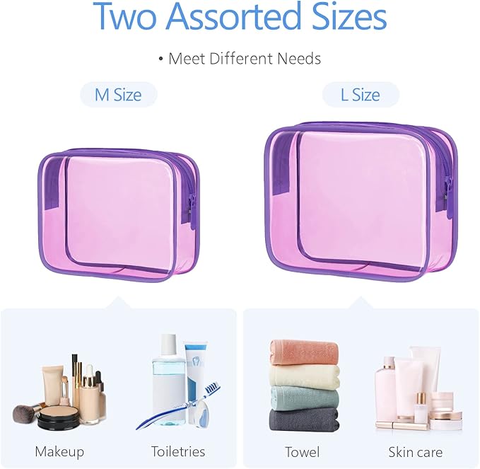 PACKISM 2 Pack Clear Toiletry Bags with Zipper, Water-resistant Cosmetic Bag, Clear Makeup Bag Fit Travel Essentials, Carry-on Travel Bag, Light Pinkish Purple