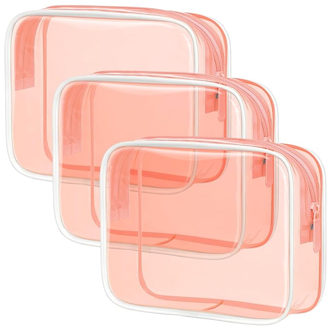 PACKISM TSA Approved Toiletry Bag - 3 Pack Quart-sized Clear Makeup Bags Fit Travel Size Toiletries, Carry-on Clear Travel Bag, Light Orange