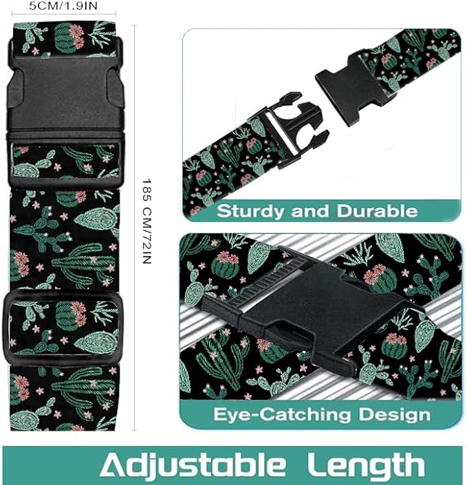 Luggage Straps for Suitcases Travel Belt Accessories, Cute Suitcase Strap, Adjustable Luggage Belt Strap, Heavy Duty with Quick-Release Buckle Luggage Strap Boho Cacti