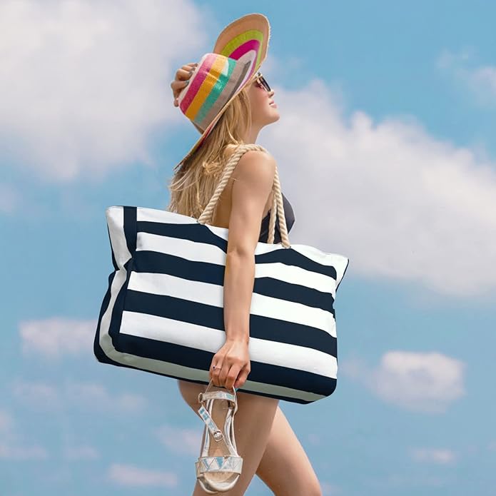 Becokan Beach Bag Large Beach Tote Bag for Women Waterproof Sandproof Swim Pool Bag With Zipper