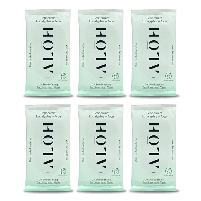 ALŌH Peppermint Eucalyptus Sanitizing Hand Wipes - Clean Hands, Clear Mind On The Go Sanitizer for Kids and Adults - Travel Size 6 packs of 20ct Wipes (120 Wipes)