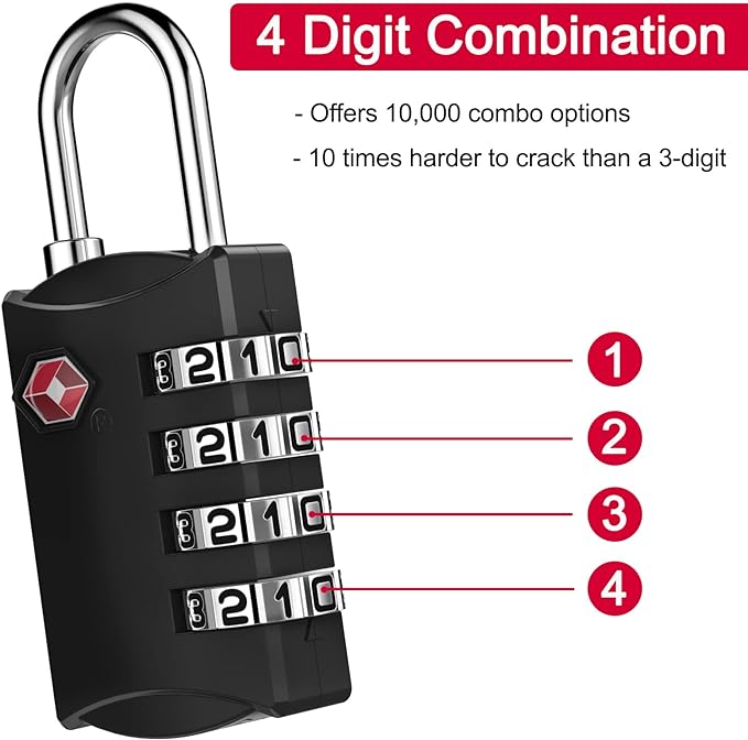 ZHEGE Luggage Lock for Train 4 Pack, 1 Cable (30 Inch), TSA Approved Travel Cable Lock for Backpack, Suitcase, School Gym Locker (4 Pack, Black)
