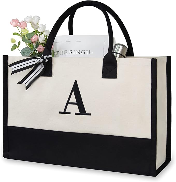 TOPDesign Embroidery Initial Canvas Tote Bag, Personalized Present Bag, Suitable for Wedding, Birthday, Beach, Holiday, is a Great Gift for Women, Mom, Teachers, Friends, Bridesmaids (Letter A)