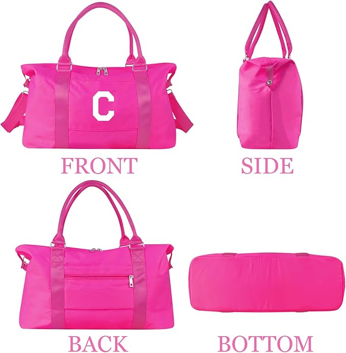 Overnight Bag for Kids Teen Girls Weekender Dance Bag Birthday Graduation Gifts,Initial Travel Duffel Bag Sports Gym Bag Personalized Weekender Bag Carry On Bags Preppy Gifts for Women(Hot Pink, C)