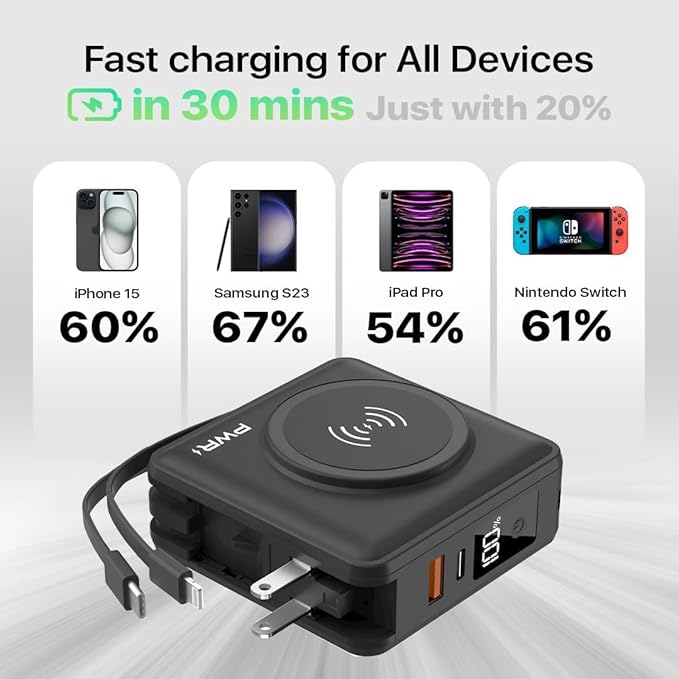 PWR Travel PRO 5-in-1 Power Bank – 10,000mAh with Built-in Cables – 20W USB-C + 15W Wireless Charging – Compact Portable Charger for iPhone & Android- Black