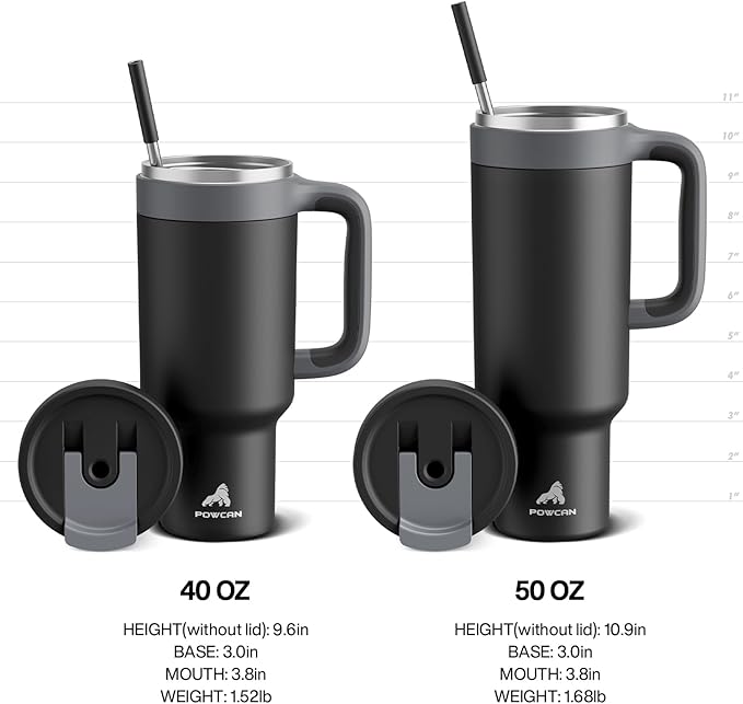 POWCAN 40 oz Tumbler with Handle, 2-in-1 Straw and Sip Lid, Leakproof, Dishwasher Safe, Insulated Stainless Steel Travel Coffee Mug, Keeps Cold for 34 Hours, Fits in Car Cup Holder (Midnight)