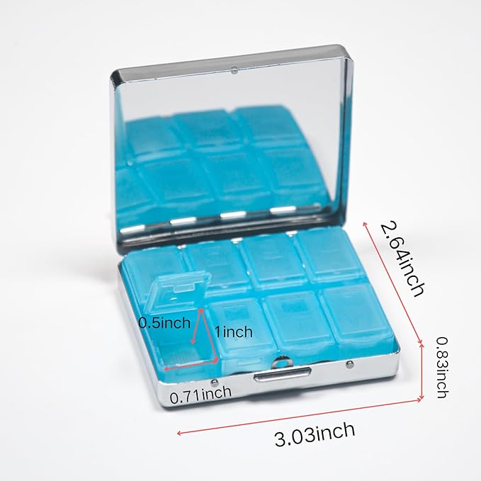 Silver Vintage Pill Box 7 Day Metal Pill Box with Mirror and 8 Compartments Cute Travel Pill Organizer for Purse (Concentrated Poison)