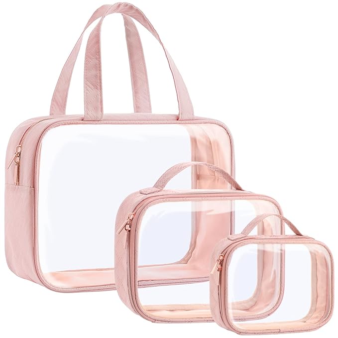 PACKISM Clear Toiletry Bags, 3 Pack Clear Makeup Bags with Handle Large Opening, Waterproof Cosmetic Bags Fit Carry-on Travel Essentials, Travel Bags, Pink