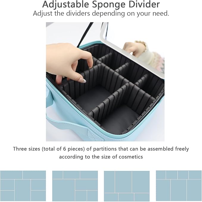 Makeup Bag with Led Mirror,Travel Makeup Organizer with 3 Color Setting & 10X Magnifying Mirror, Portable Storage and Adjustable Dividers Travel Makeup Bag-baby blue