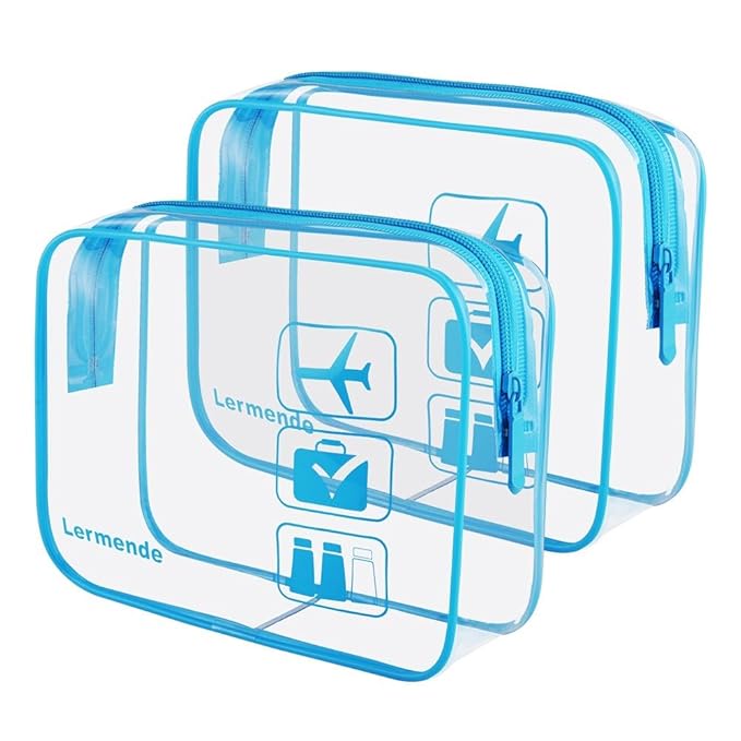 Lermende 2pcs Clear Toiletry Bag TSA Approved Travel Bag,Carry On for Travel,Airport Airline Accessories Compliant Bag,Quart Sized Makeup Cosmetic bag Women Men (Blue, 2 Pack)