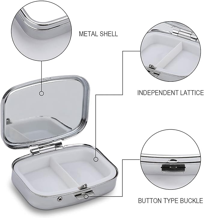 Metal 2 Compartment Pill Organizer Travel Friendly Portable Compact Pill Box Cute Pill Case to Hold Vitamins,Fish Oil,Supplements,Meds,Tablet for Purse,Pocket. (Dark Stage)