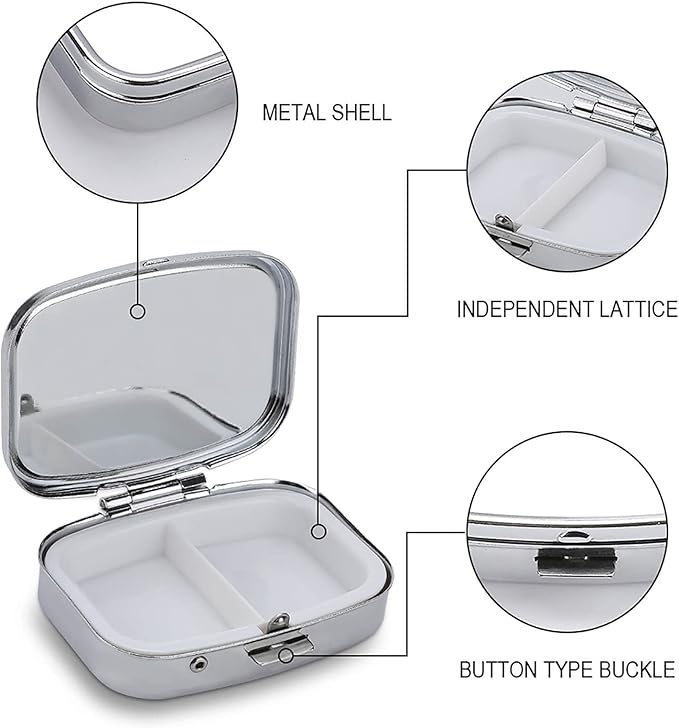 Metal 2 Compartment Pill Organizer Travel Friendly Portable Compact Pill Box Cute Pill Case to Hold Vitamins,Fish Oil,Supplements,Meds,Tablet for Purse,Pocket. (Black Background)