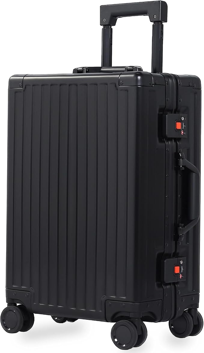 All Aluminum 24 Inch Check In Luggage Hard Shell Suitcases with Spinner Wheels and TSA Lock, Large Zipperless Luggage for Travel, Black