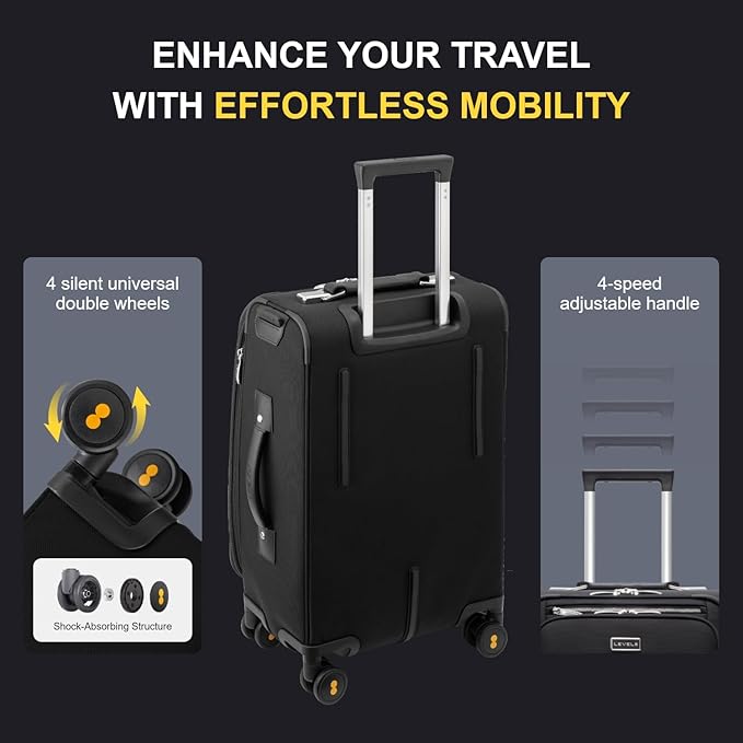 LEVEL8 Carry On Luggage with Compartment, 20 Inch Softside Expandable Travel Rolling Suitcase with Spinner Wheels, Tsa Locks, Men and Women, Black