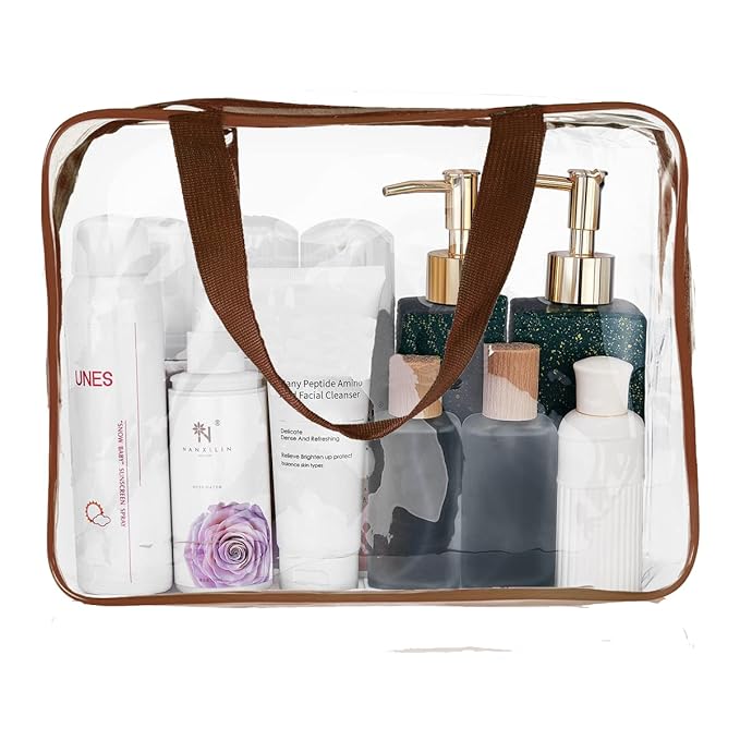 4Pcs Crystal Clear PVC Travel Toiletry Bag Kit for Women Men, Waterproof Vinyl Packing Organizer Storage Bags with Zipper Handle Straps, Cosmetic Pouch Carry on Airport Airline Compliant Bag Handbag