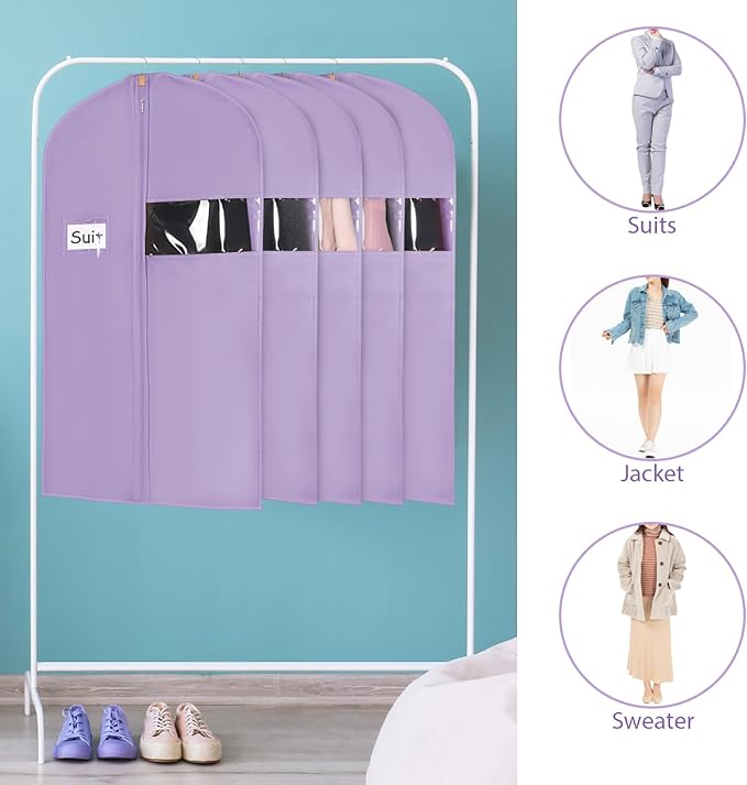 Syeeiex 40" Suit Bag, Set of 8 Garment Bags for Hanging Clothes, Suit Bags for Closet Storage, Garment Bags for Suits, T-shirts, Jackets, Coats, Business Wear(Purple)
