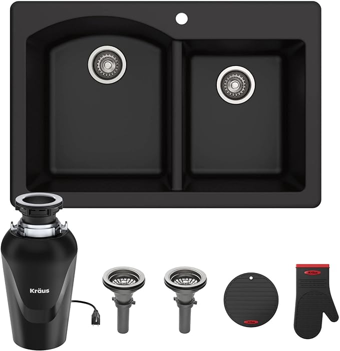 KRAUS Forteza™ 33” Dual Mount 60/40 Double Bowl Granite Kitchen Sink in Black with WasteGuard™ Continuous Feed Garbage Disposal, KGD-50BL-100-75MB