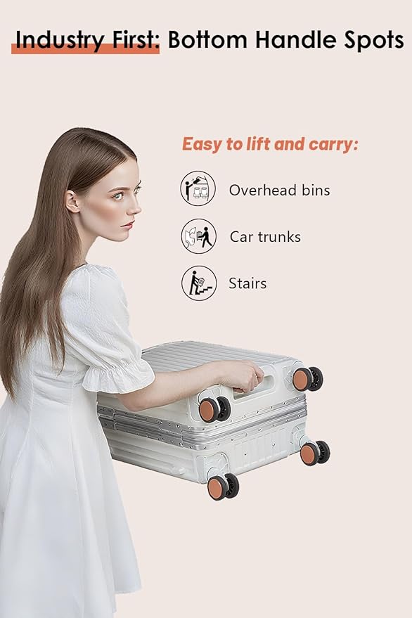 HotWay 26 Inch Hardside Checked Luggage with Leather Handle, PC Zipperless Suitcase with Spinner Wheels and TSA Locks, Lightweight Checked Luggage for Travel, White