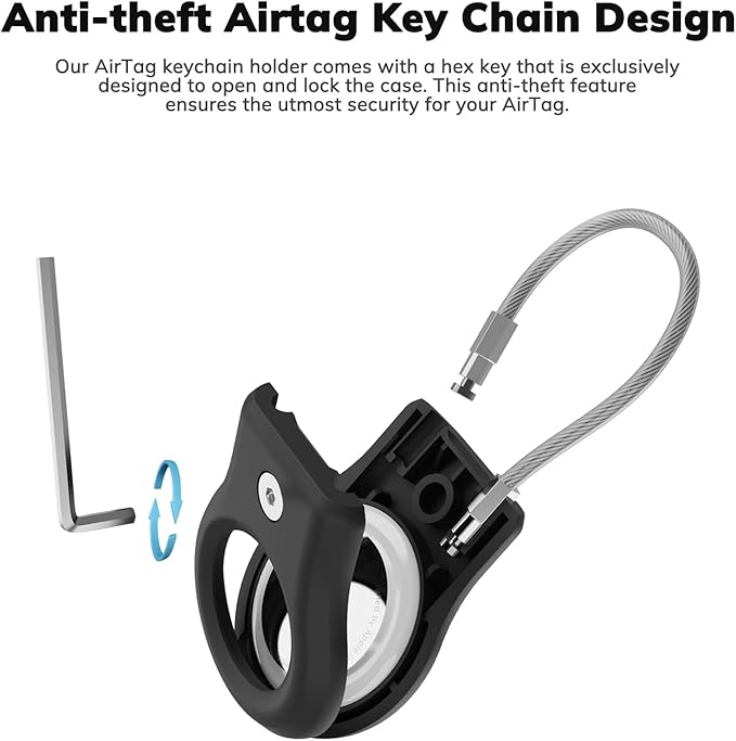 AirTag Keychain Holder - Air tag Lock Case with Wire Cable Compatible with Apple AirTags, Ultra Durable Anti-Lost Protective Case with Keyring for Luggage, Key, Backpack, Pet, Black (4 Pack)