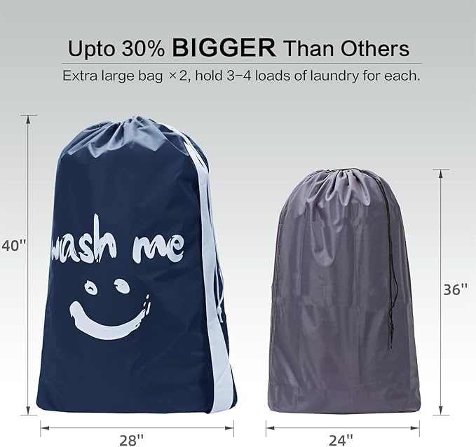 HOMEST 2 Pack XL Wash Me Travel Laundry Bag with Strap, Dirty Garments Organizer, Large Enough to Hold 4 Loads of Clothes, Easy Fit a Hamper or Clothing Basket, Azure and Blue