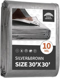 RAINDEWAY Tarps Heavy Duty Waterproof 30x30 Feet, 10 Mil Thick Multipurpose UV Resistance Large Tarp Cover with Metal Grommets and Reinforced Edges, Silver/Brown Tarp