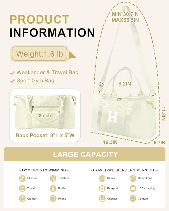Initial Travel Duffel Bag Sports Gym Bag for Kids Teen Birthday Gifts,Beige Personalized Weekender Carry On Dance Bags for Women Men,Waterproof Monogram Overnight Bag with Trolley Sleeve(Letter H)